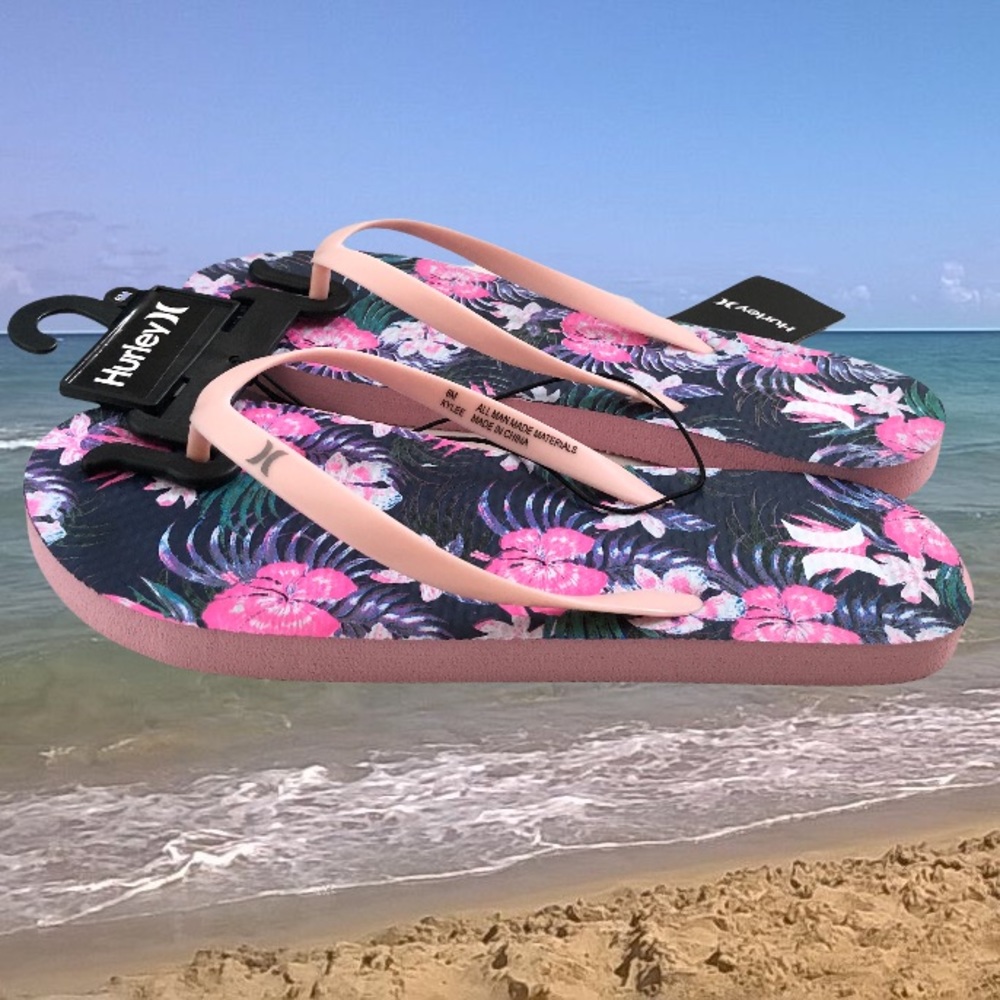 2/$50 🌺 Hurley 🌊 | Kylee Flip Flop Sandals Navy Pink Floral - Picture 2 of 5